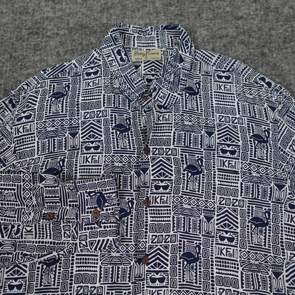 Kenny Flowers Shirt Mens Large Blue White Geometric Long Sleeve Vacation‎ Soft